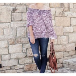 𝅺LOFT Off-the-Shoulder Floral Purple/White Blouse Size M, LIKE NEW